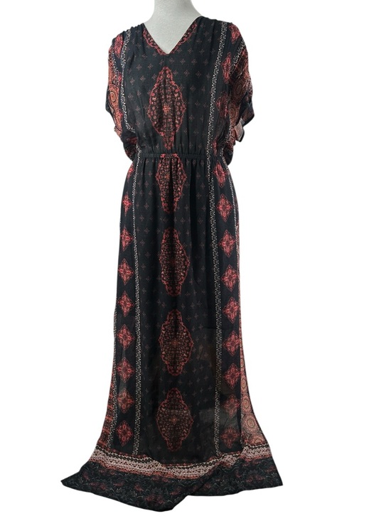 Lucky Brand Boho Print Maxi Dress Black Red V-Neck Festival Bohemian sz sm - Picture 2 of 7
